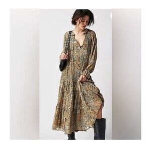 Free People Dress Womens Medium Yellow Floral Boho Tiered Maxi Long Sleeve